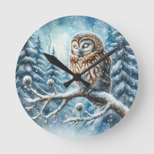 Horloge Ronde Chouette des Bois Forêt hivernale sereine Faune sa