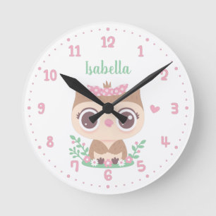 Horloge Ronde Chouette mignonne avec noeud rose, Personnalisé po