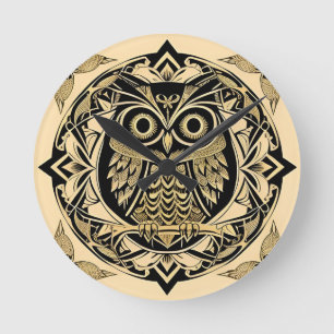Horloge Ronde Chouette Ornementale Dorée avec Motif Décoratif