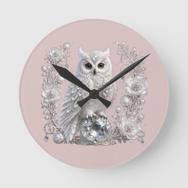 Horloge Ronde Chouette Perle de Cristal Blanc (Recto)