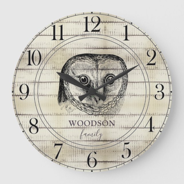 Horloge Ronde Chouette Rustique Bois clair Nom de famille Grande (Recto)