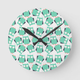 Horloge Ronde Chouettes lunaires turquoises