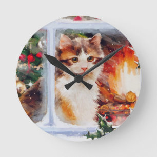 Horloge Ronde Christmas Kitten