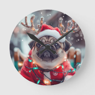 Horloge Ronde Christmas Pug Wall Clock with Reindeer Antlers - F