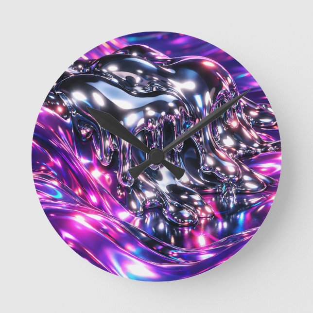 Horloge Ronde Chrome Liquide Violet Abstrait (Recto)