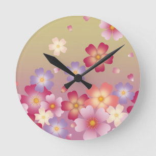 Horloge Ronde Chute des fleurs de Sakura japonais vert & rose