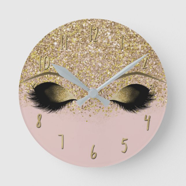 Horloge Ronde Cils Glamour Moderne Pailletés Rose Et Or (Recto)