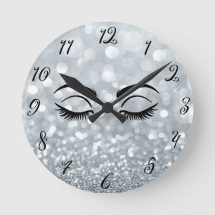 Horloge Ronde Cils Noirs Pailletés Argent Salon Personnalisé