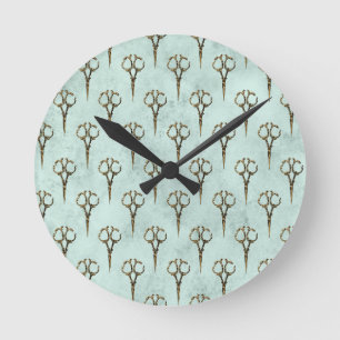 Horloge Ronde Ciseaux Dorés Antiques Coiffeur Vintage