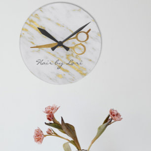 Horloge Ronde Ciseaux en marbre doré Styliste cheveux Personnali