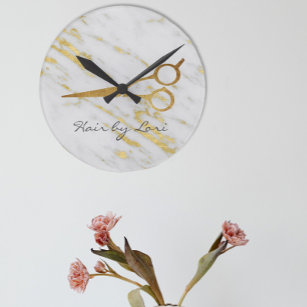 Horloge Ronde Ciseaux en marbre doré Styliste cheveux Personnali