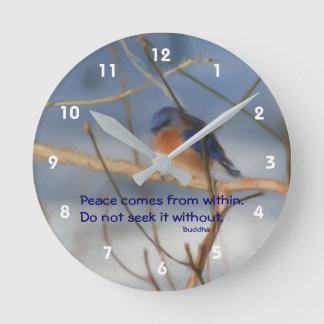 Horloge Ronde Citation inspirée de la paix du Bouddha bleu d'hiv