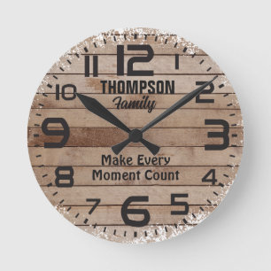 Horloge Ronde Citation personnalisée Rustique Patiné Wood Family
