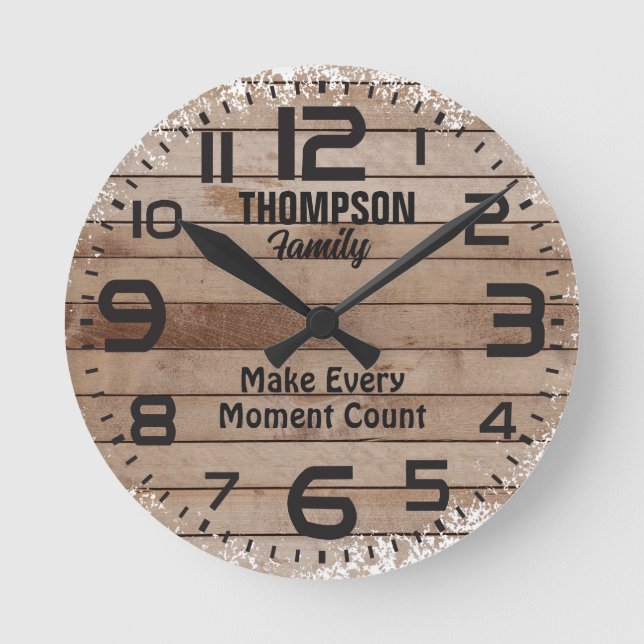 Horloge Ronde Citation personnalisée Rustique Patiné Wood Family (Recto)