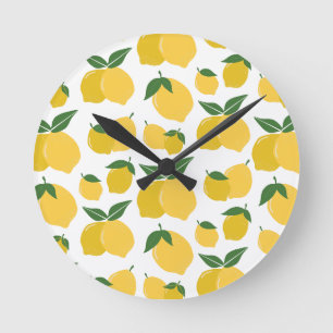 Horloge Ronde Citron Motif Fruit Rétro Jaune Sur Blanc