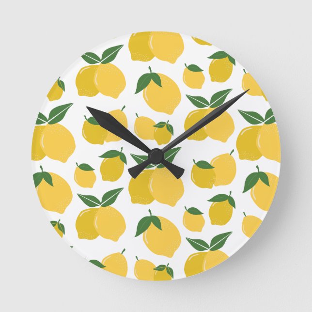 Horloge Ronde Citron Motif Fruit Rétro Jaune Sur Blanc (Recto)