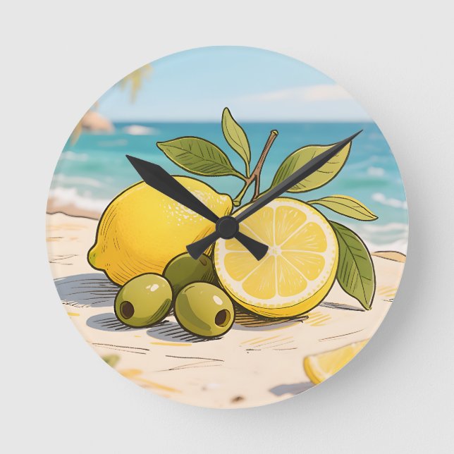 Horloge Ronde Citron Soleil Olive Fraîcheur Côtière (Recto)
