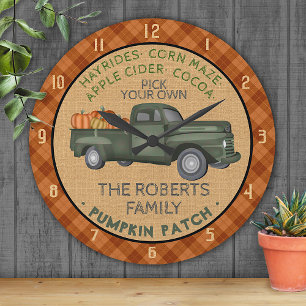 Horloge Ronde Citrouille Patch Farm Camion Vintage Plaid Rustic