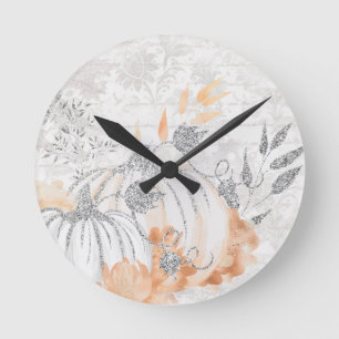 Horloge Ronde Citrouilles Automne Blanc Et Gris Argent
