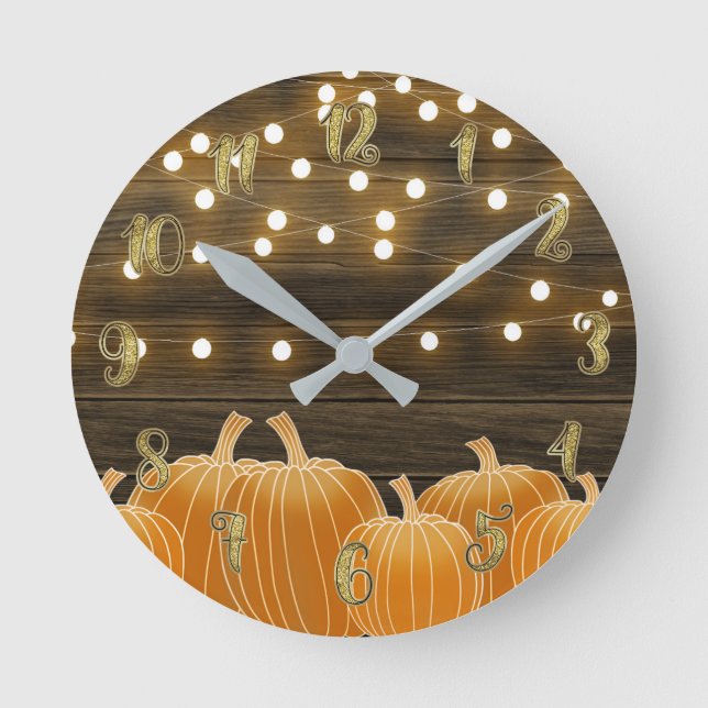 Horloge Ronde Citrouilles d'automne et lumières de chaîne Rustiq (Recto)