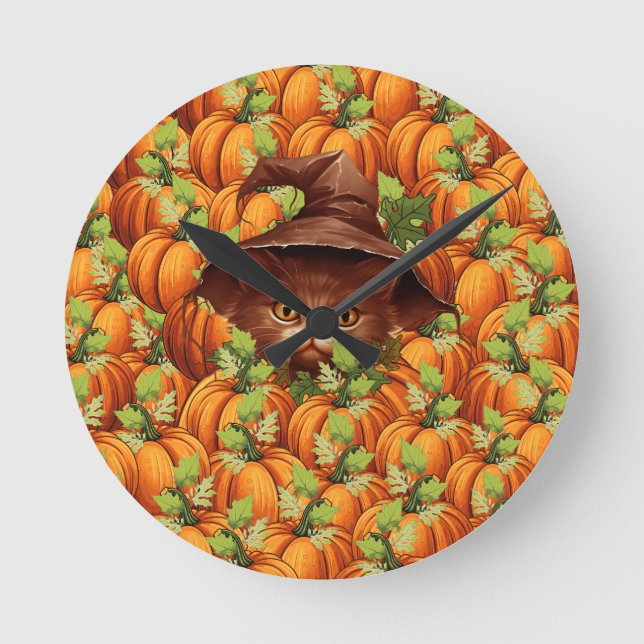 HORLOGE RONDE CITROUILLES DE THANKSGIVING CHAT MIGNON (Recto)