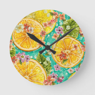 Horloge Ronde Citrus Bloom Citron & Fleurs Sauvages Aquarelle