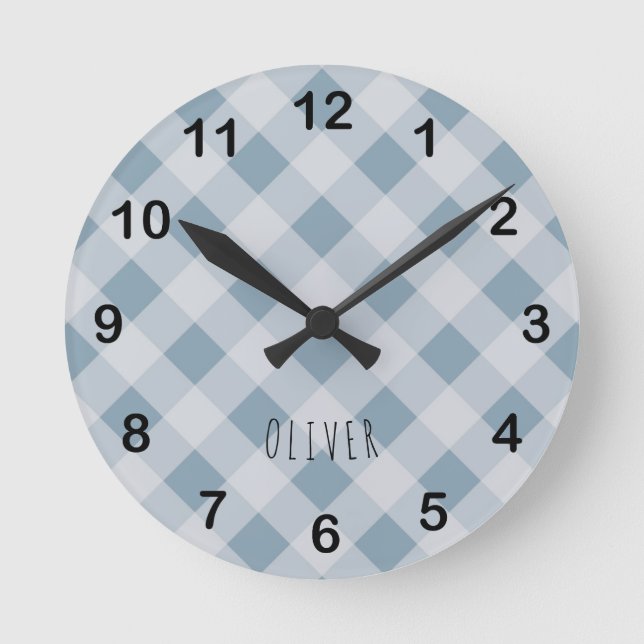 Horloge Ronde Classic Elegant Blue Gingham Plaid & Custom Name  (Recto)