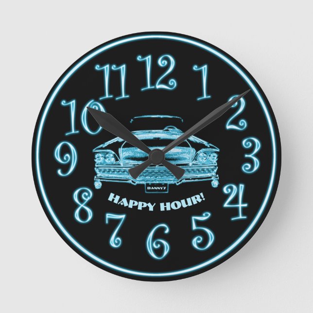 Horloge Ronde Classic Neon Car, Add Name to License, Happy Hour  (Recto)
