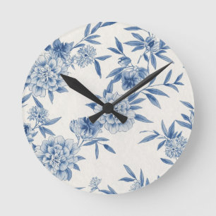 Horloge Ronde Classique motif toile fleurie bleu eau-forte sur f