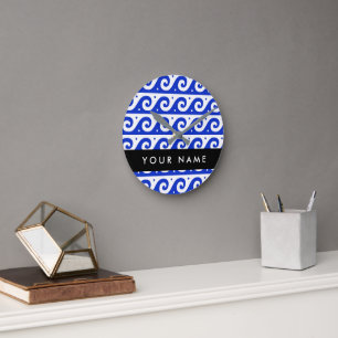 Horloge Ronde Clé de méandre grecque, Clé de vague, Bleu, Votre