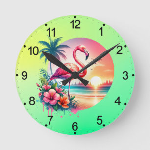 Horloge Ronde Clipart coucher de soleil Flamant rose rose