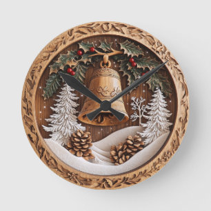 Horloge Ronde Cloche d'hiver en bois, conception artisanale AI H