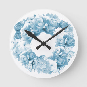 Horloge Ronde Clock bleu monochrome Wreath Floral