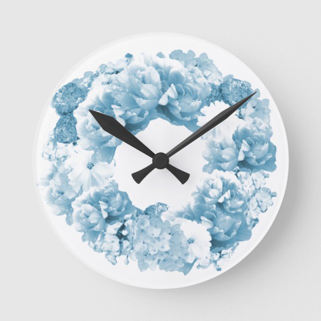 Horloge Ronde Clock bleu monochrome Wreath Floral (Recto)