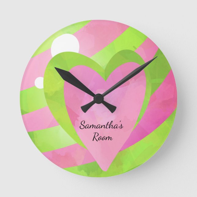 Horloge Ronde Clock Girl's Pink and Green Striped Balloon Hearts (Recto)
