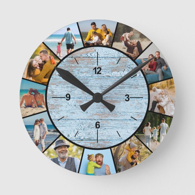 Horloge Ronde Clôture en bois bleu Faux Rustique 12 Photo Collag (Recto)