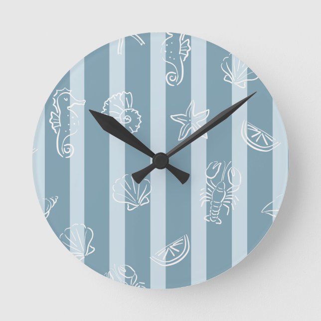 Horloge Ronde Coastal Nautical Pattern | Blue Sea Shell & Seahor (Recto)