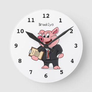Horloge Ronde Cochon amusant en costume d'affaires dessin animé