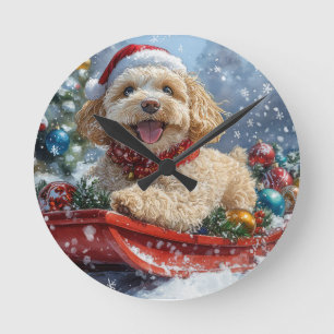 Horloge Ronde Cockapoo Dog in Sledge Let it Neige Christmas