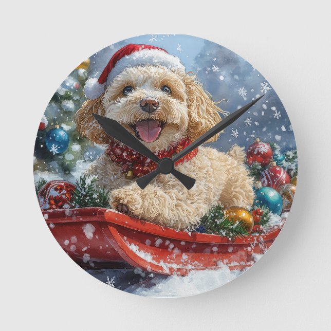Horloge Ronde Cockapoo Dog in Sledge Let it Neige Christmas (Recto)