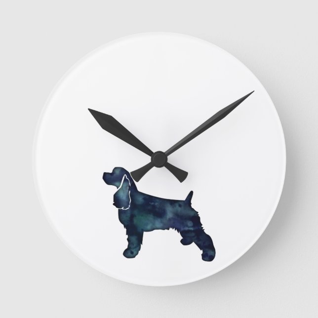 Horloge Ronde Cocker Spaniel Chien Silhouette Noir Aquarelle (Recto)