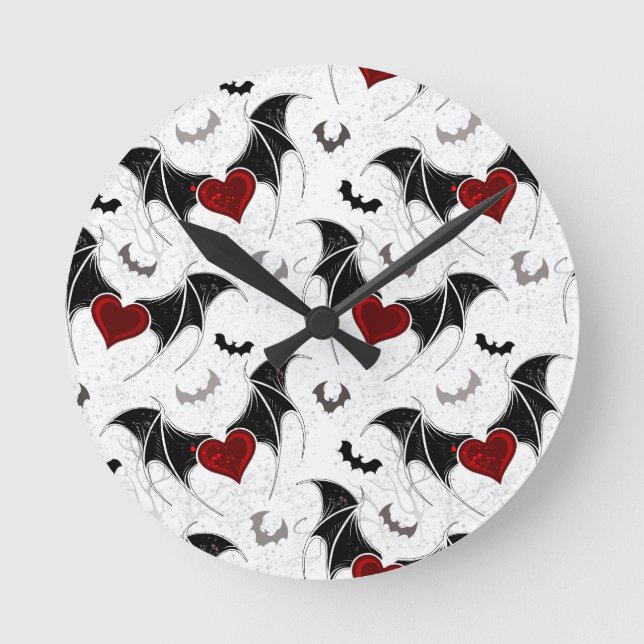 Horloge Ronde Coeur d'Halloween avec ailes de chauve-souris noir (Recto)