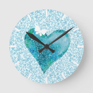 Horloge Ronde Coeur et papillon bleu voilé