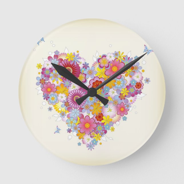 Horloge Ronde Coeur floral avec des papillons (Recto)