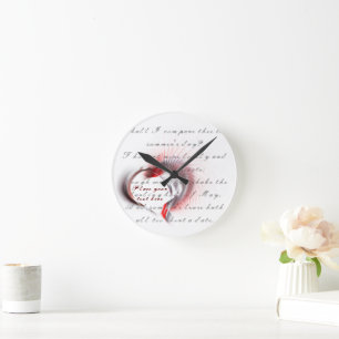 Horloge Ronde Coeur métallique avec sonnet de Shakespeare 18 Rou
