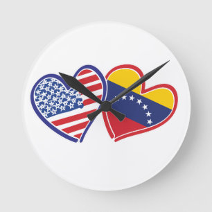 Horloge Ronde Cœurs de drapeaux des États-Unis et du Venezuela