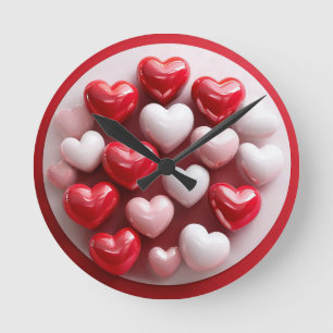 Horloge Ronde Cœurs rouges et blancs brillants
