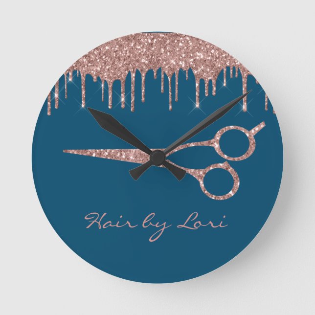 Horloge Ronde Coiffeur Rose Gold Drips Glitter Ciseaux (Recto)
