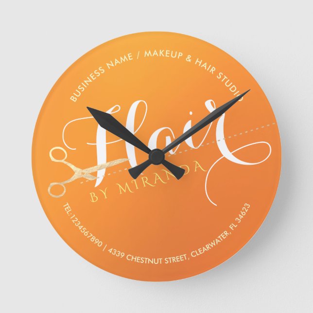 Horloge Ronde Coiffeur Salon de maquillage Chic Orange Ciseaux o (Recto)