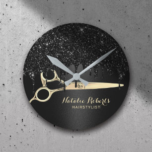 Horloge Ronde Coiffeuse Styliste Black Parties scintillant Drive